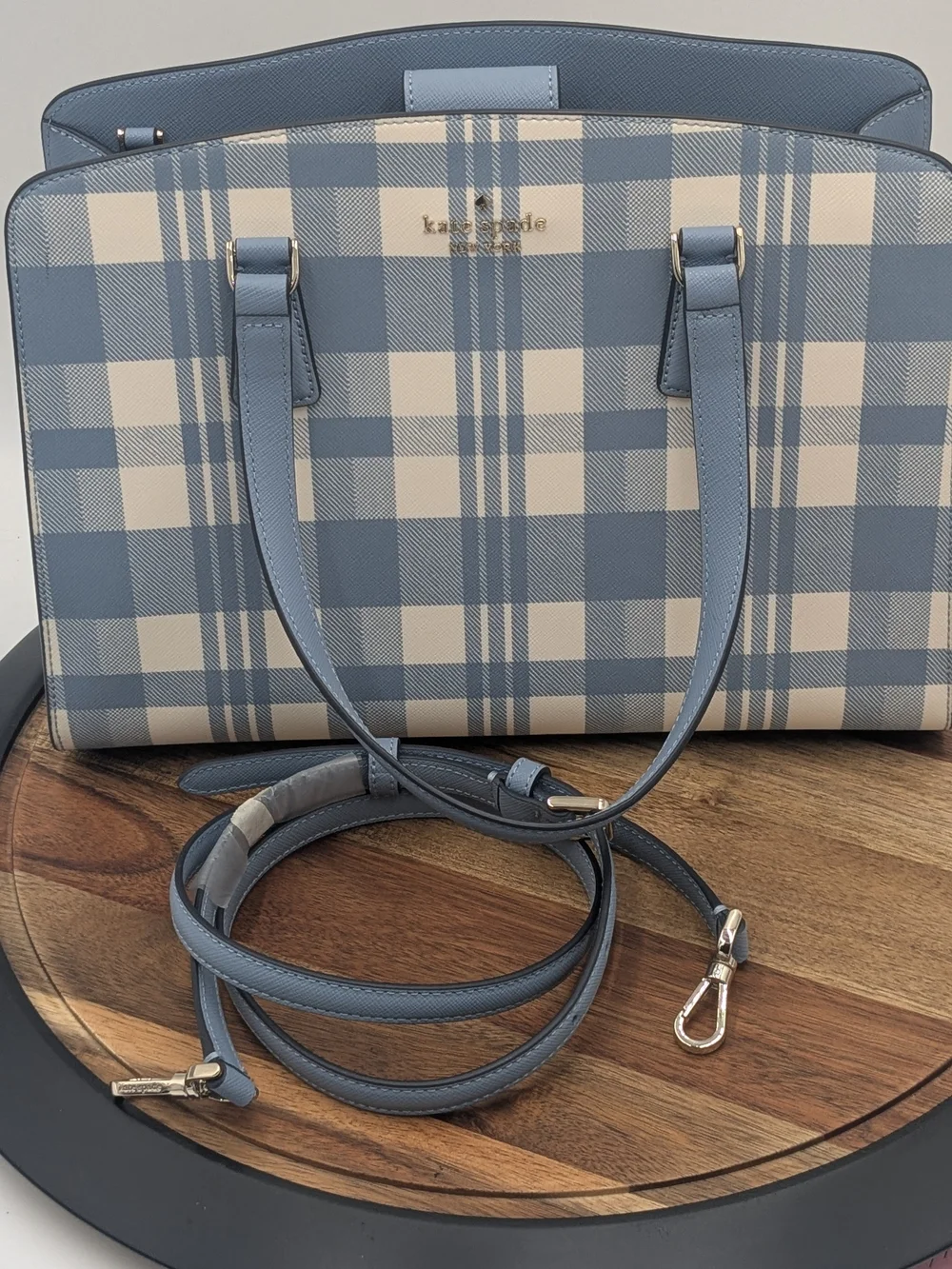 Kate Spade New York Blue Plaid Saffiano Leather Satchel Crossbody Bag